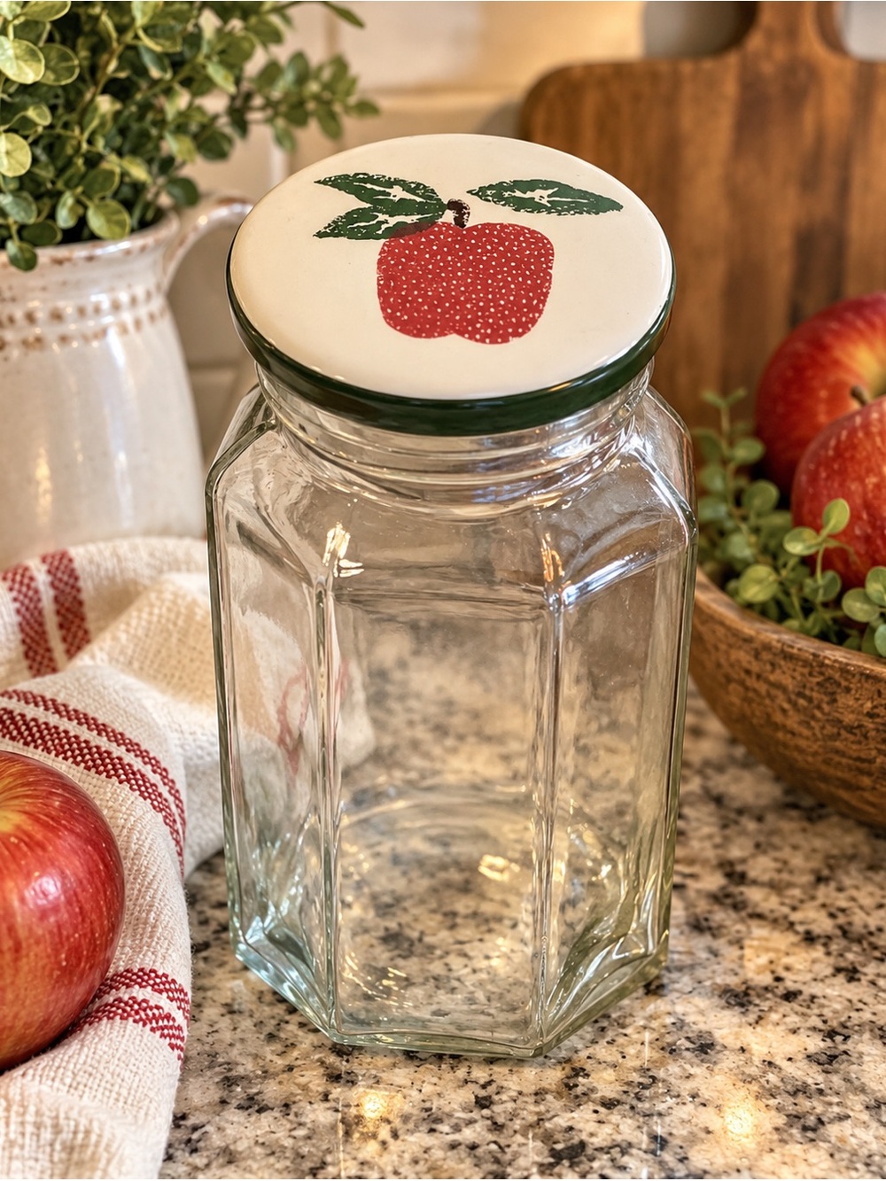 Vintage Glass Apple Canister Ceramic Lid Country Kitchen Jar